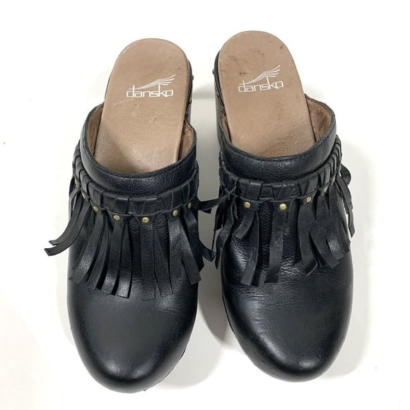 Dansko Deni Black Leather Fringe Heel Clog Mules Sz EU 37 US 6.5-7 - Picture 3 of 10
